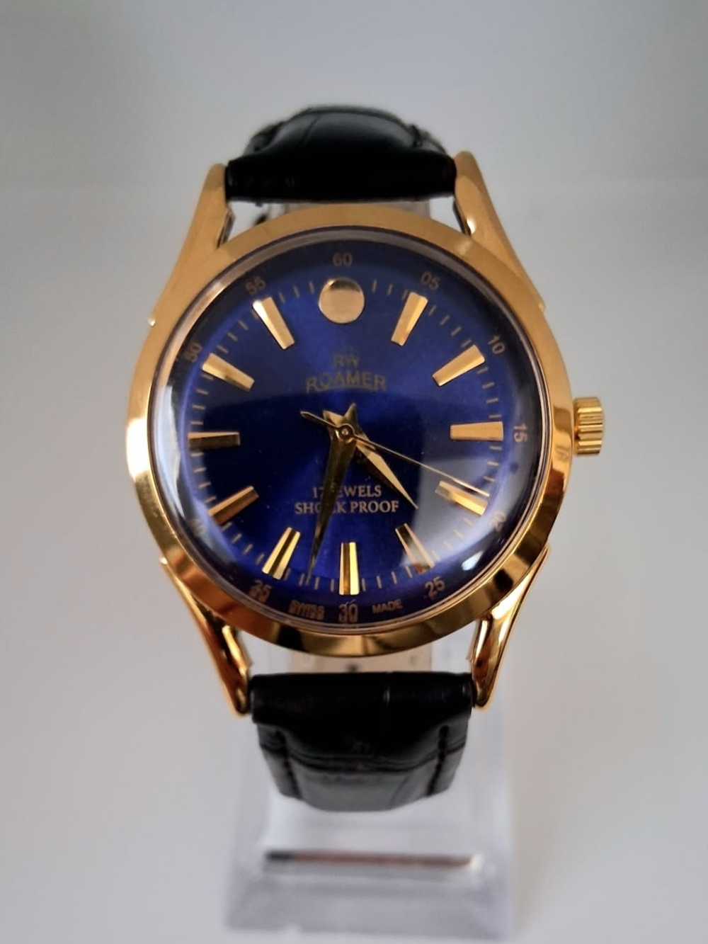 ROAM Men's Gold-Tone Case Blue Dial Black Leather Strap Watch